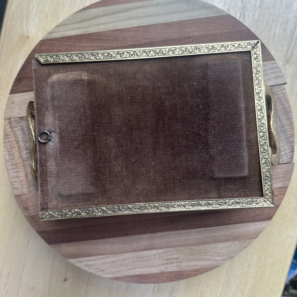 Vintage Picture Vanity Tray 8.5 Inch‎ Handles Velvet Gold Plate Ornate Flowers